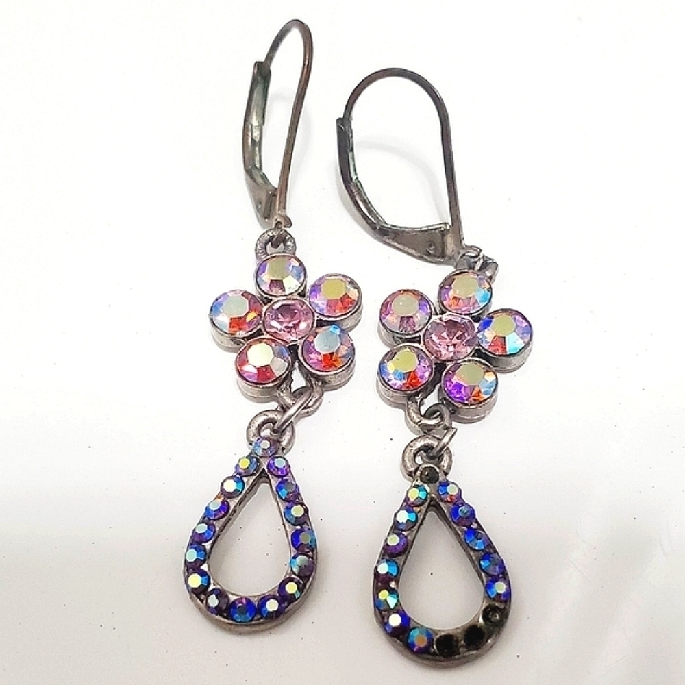 Irridescent Crystal Flower Hook Earrings.Drop Flower Earrings. 🌴